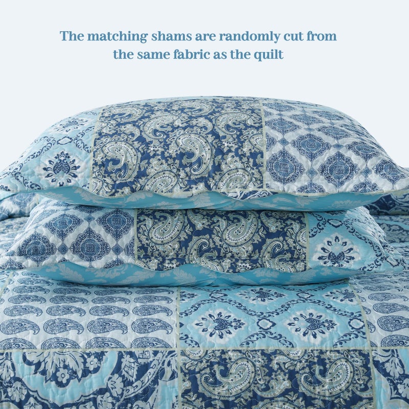KASENTEX Country-Chic Printed Pre-Washed Quilt Bedding Set - Microfiber Fabric Quilted Pattern Bedding (Multi-Blue B, Queen + 2 Shams) - Image 5